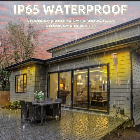 Upgraded Flickering Flame Solar Powered Torches lighting up a patio during rain, showcasing IP65 waterproof feature