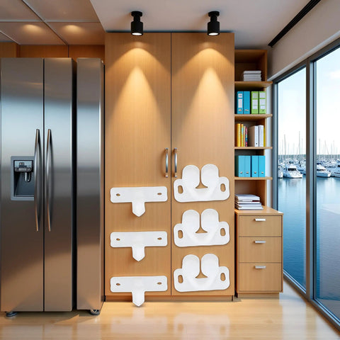 White Plastic Ball Catch Set For Cabinets And Doors On Boats And RVs, 3 packs displayed on wooden cabinet door