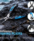 Professional fishing pliers with rust-resistant finish, hook sharpener, lock safe, on rocks near water
