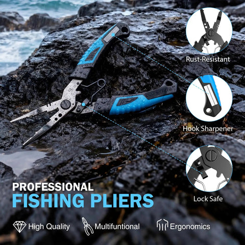 Professional fishing pliers with rust-resistant finish, hook sharpener, lock safe, on rocks near water