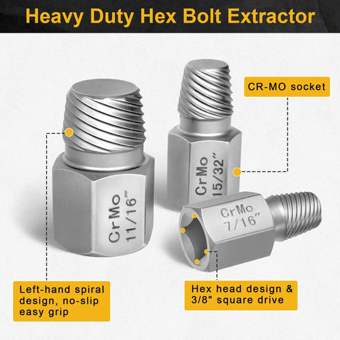 Close-up view of 27 Piece Screw Extractor Set Bolt Extractor Kit showing CR-MO steel construction and hex head design.