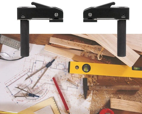 Rock Solid 3/4 Inch MFT Bench Holdfast Woodworking Clamp Aluminum Alloy on workspace with tools and wood shavings.