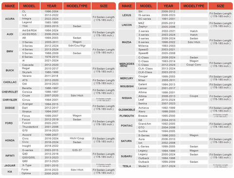 Car model compatibility chart for Full Car Cover For Sedans All Weather Waterproof Windproof Dustproof UV Protection Scratch Resistant