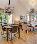 Crystal Drum Chandelier With Bronze Finish Four Light Ceiling Fixture For Dining Room Living Room Bedroom Island And Bathroom Vintage Farmhouse Style With Cascading Crystals For A Totally Chic Rustic Vibe in dining room setting