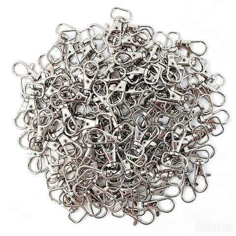Hella Durable Zinc Alloy Swivel Snap Hooks And D Rings For Purse Hardware, Keychain Crafting, Sewing, 122 Piece Kit showing multiple silver swivel hooks.