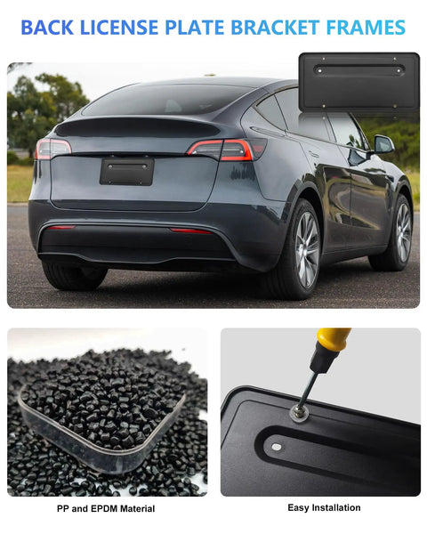 Rear License Plate Holder For Tesla Model 3 And Model Y With Bracket And Screws, includes installation details and materials