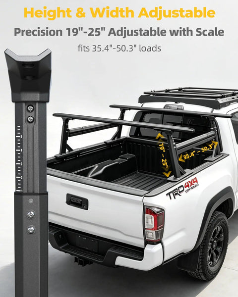 Beefy Yet Lightweight Aluminum Truck Bed Ladder Rack With Side Rails 1500 Lbs Capacity Stepless Height Adjust From 19 To 25 Inches Body Angle Matched Design Fits Toyota Tacoma Jeep Gladiator Mid Size Pickup on white pickup