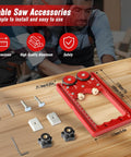 Upgraded 2 In 1 Feather Board Jig with Anti Kickback Roller for table saws on wooden table with measurements and parts shown