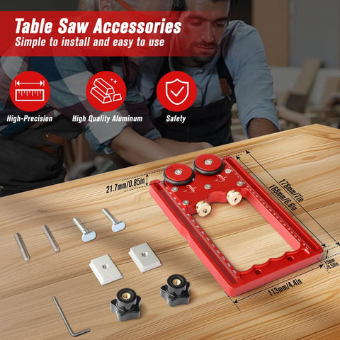 Upgraded 2 In 1 Feather Board Jig with Anti Kickback Roller for table saws on wooden table with measurements and parts shown