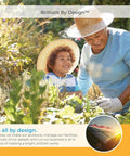 Smiling adult and child gardening outdoors, both in straw hats, working among green plants with a cloudy blue sky.