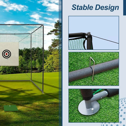 10x10x10Ft Golf Practice Net Cage With Metal Frame for backyard shown with stability features and target area in use.
