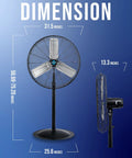 Beefy High Velocity 30 Inch Pedestal Fan For Industrial Spaces Non Oscillating, metal construction, front and side view dimensions