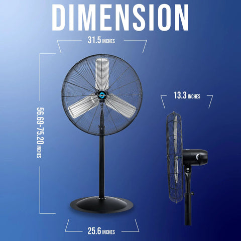 Beefy High Velocity 30 Inch Pedestal Fan For Industrial Spaces Non Oscillating, metal construction, front and side view dimensions