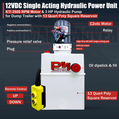 12V DC Single Acting Hydraulic Pump With Poly Reservoirs For Dump Trailer, Heavy Duty Hydraulic Power Unit, 13 Quart Square Reservoir