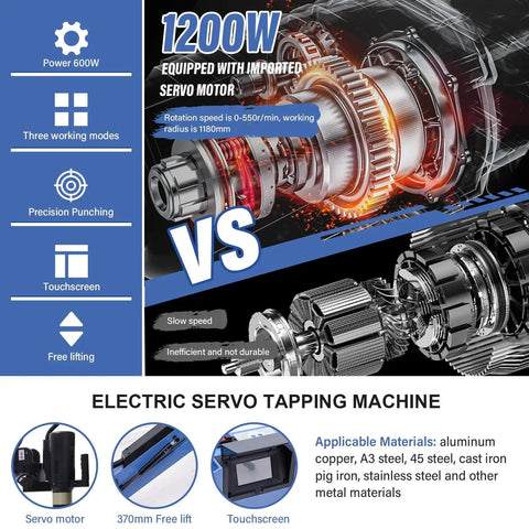 No Fuss Electric Tapping Machine Featuring A Flexible Swivel Arm And Stepless Speed Control For M4 To M24 Threads With Nine Ansi Collets, showcasing 1200W servo motor and touchscreen.