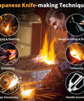 Japanese Knife-making Techniques infographic showing Forging & Smelting, Quenching, Edge Sharpening, Handle Assembly