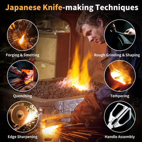 Japanese Knife-making Techniques infographic showing Forging & Smelting, Quenching, Edge Sharpening, Handle Assembly