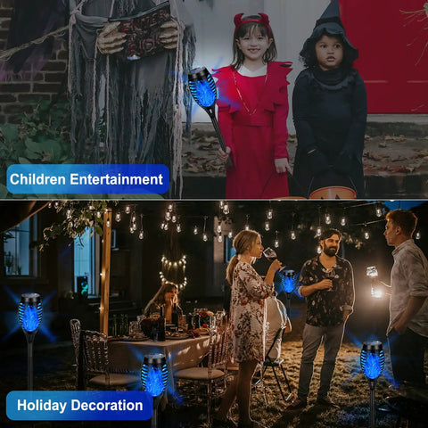 Blue Solar Torch Lights 6 Pack With Flickering Flame illuminating outdoor garden scene for yard pathway landscape