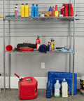 Heavy Duty 48 Gallon Plastic Storage Bin With Two 8 Gallon Nested Lockable Boxes And Secure Fitting Lids on sturdy metal shelving.