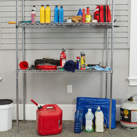 Heavy Duty 48 Gallon Plastic Storage Bin With Two 8 Gallon Nested Lockable Boxes And Secure Fitting Lids on sturdy metal shelving.