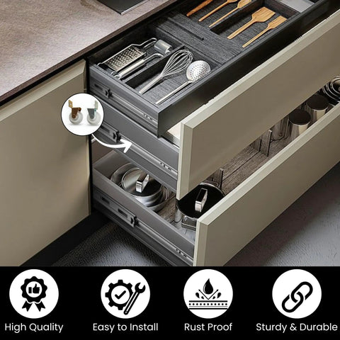 Top Shelf Kitchen Drawer Guide Rollers With Reinforced Steel Brackets And Tough Nylon Wheels For Smooth As Butter Sliding Cabinet Operation Repair Kit Pack Of Four visible in a kitchen drawer.
