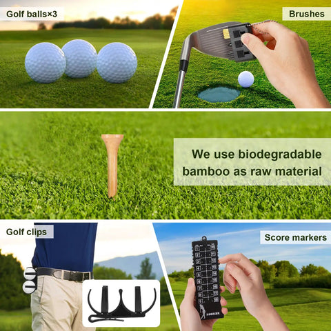 Collage image of golf balls, brush cleaning club, bamboo tee, golfer with belt clip, and score markers from All In One Golf Gift Set