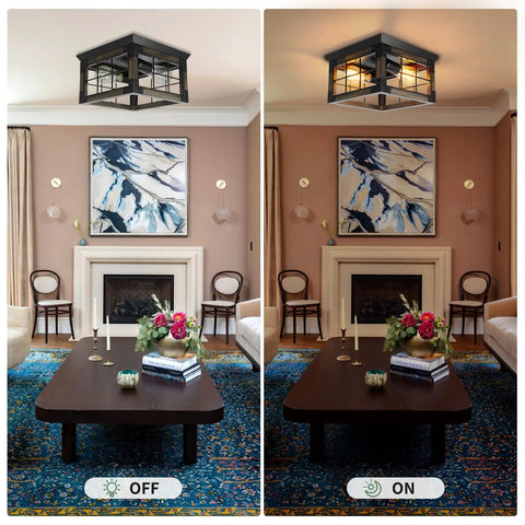 Two Light Farmhouse Style Black Wood Flush Mount Ceiling Fixture in living room, square wood frame with black iron accents, off and on