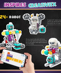 24-In-1 STEM Circuit Robot Kit For Kids Ages 8 To 12 showing robots built with modules and heads, featuring app control on tablet