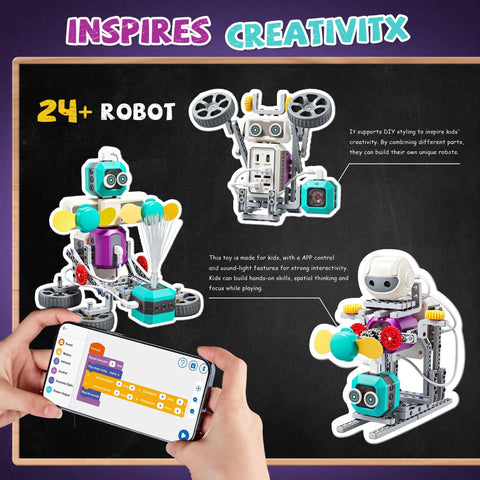 24-In-1 STEM Circuit Robot Kit For Kids Ages 8 To 12 showing robots built with modules and heads, featuring app control on tablet