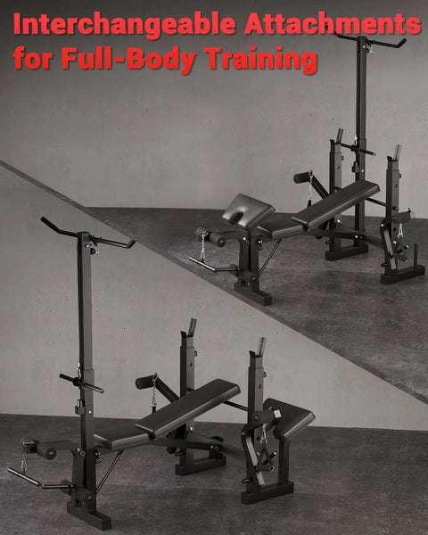 Image of 8 In 1 Weight Bench Set For Home Gym Foldable Bench With Preacher Curl Pad Lat Pulldown Leg Extension Leg Curl And Bench Press For Full Body Training Today displaying interchangeable workout attachments on a dark floor.