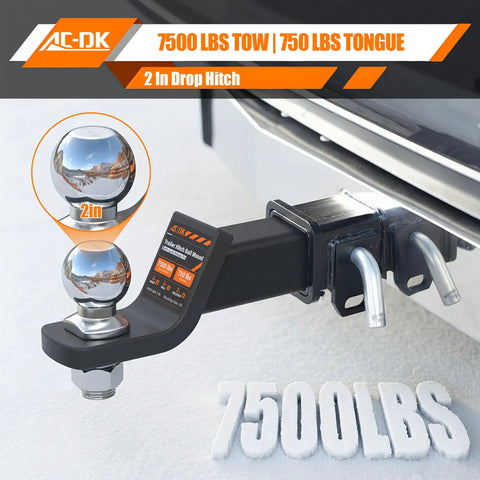 Heavy Duty Trailer Hitch Ball Mount For 2 Inch Receiver With 2 Inch Drop And 2 Inch Ball Includes Hitch Pin Tow Up To 7,500 Lbs GTW