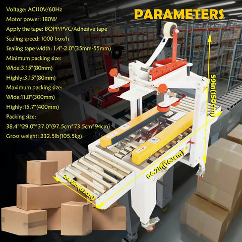 Rock Solid Automatic Carton Sealer Machine For Shipping Boxes And Cases Top And Bottom Continuous Tape Dispenser with adjustable width.