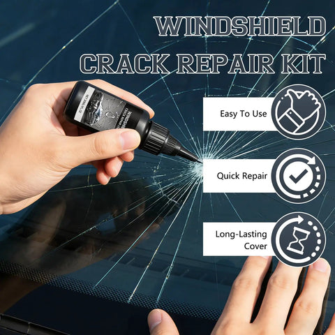 Windshield Crack Repair Kit Two Pack Quick Glass Repair Liquid fixing a car window crack with instructions shown.