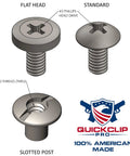 Heavy Duty Black Chicago Screws And Binding Posts For Leather Straps And Belts With Thru Hole Open Slot Design, showing flat head, standard, and slotted post.