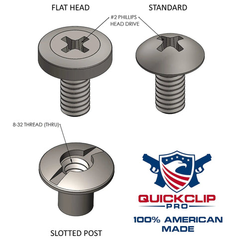 Heavy Duty Black Chicago Screws And Binding Posts For Leather Straps And Belts With Thru Hole Open Slot Design, showing flat head, standard, and slotted post.