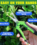 Person using 4 Pack Garden Shears Set With Stainless Steel Blades, Pruning Shears And Garden Clippers For Plants And Flowers, Safe Locking Mechanism, Ergonomic Orange Green Handles, Durable Pruning Tools For Yardwork on green plants
