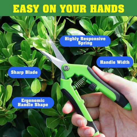 Person using 4 Pack Garden Shears Set With Stainless Steel Blades, Pruning Shears And Garden Clippers For Plants And Flowers, Safe Locking Mechanism, Ergonomic Orange Green Handles, Durable Pruning Tools For Yardwork on green plants