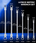 Six Piece Metric Ratcheting Wrench Set With Flex Heads 8 To 19 mm Extra Long 72 Tooth Gear Double Box End on display