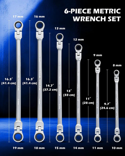 Six Piece Metric Ratcheting Wrench Set With Flex Heads 8 To 19 mm Extra Long 72 Tooth Gear Double Box End on display