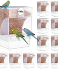 12 Pack No Mess Bird Feeder For Cage Zero Fuss Anti Spill Parrot Seed Dispenser showcasing two parakeets feeding from clear seed trays.