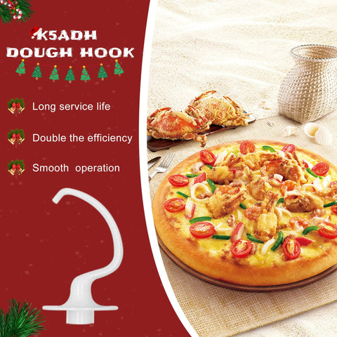 K5ADH Dough Hook with pizza showcasing 3-Piece Tilt-Head Stand Mixer Attachments Set for Kitchen Mixers Featuring K5AB Coated Flat Beater K5ADH Dough Hook and K5AWW Wire Whip Built Tough for Quick Easy Mixing and Batter Perfection by MIFLUS