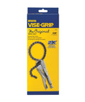 Packaging display of 9 Inch Locking Chain Clamp With Adjustable Screw Lock And Easy Trigger Release in original box.