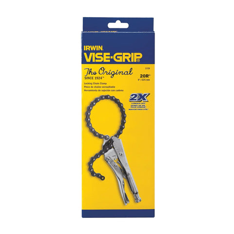 Packaging display of 9 Inch Locking Chain Clamp With Adjustable Screw Lock And Easy Trigger Release in original box.