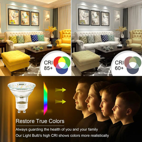 Image showing living room lighting comparison using GU10 LED Light Bulbs 5000K Daylight For Kitchen, 400 Lumen Output with high CRI.