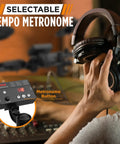 Person using selectable tempo metronome in studio with 7 Piece Electric Drum Set With Mesh Snare And Tom Pads, 10 Inch Cymbals, USB MIDI Support, Preloaded Sounds, Recording Mode, Digital Foot Pedals, Drum Sticks, And PC Mac Compatible For Pro Drumming visible in background.