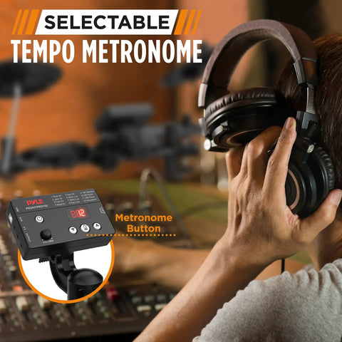 Person using selectable tempo metronome in studio with 7 Piece Electric Drum Set With Mesh Snare And Tom Pads, 10 Inch Cymbals, USB MIDI Support, Preloaded Sounds, Recording Mode, Digital Foot Pedals, Drum Sticks, And PC Mac Compatible For Pro Drumming visible in background.