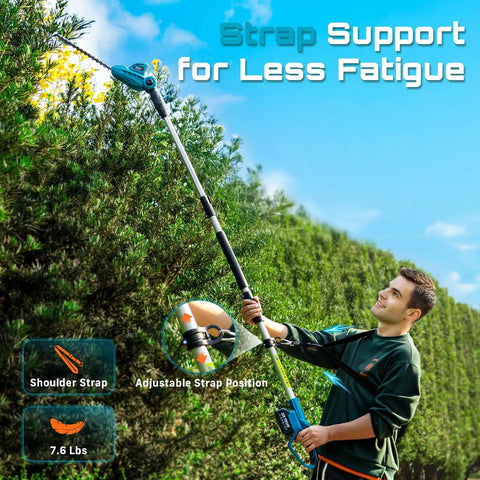 Man using Cordless Pole Hedge Trimmer With 16 Inch Dual Action Blade Detachable Telescoping Pole And Dual 4 Ah Batteries outdoors
