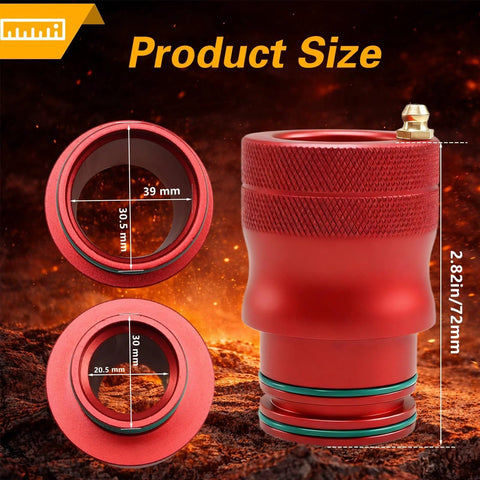 EVRBUL wheel bearing grease tool, red aluminum with knurled grip, 30mm & 39mm adapters with storage tube, front view.