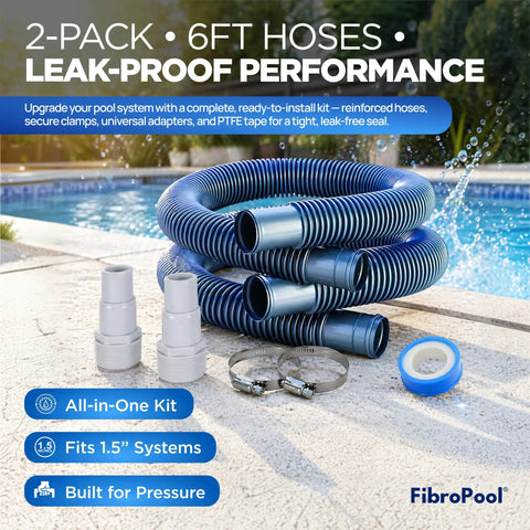 Heavy Duty 1.5 Inch Pool Filter Hose Kit 6 Ft 2 Pack With Reinforced Cuffs Clamps Adapters And PTFE Tape Included