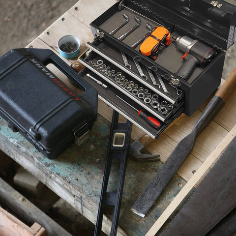 20 Inch Three Drawer Metal Tool Box Portable Steel Tool Chest With Durable Metal Latch Closure Black Powder Coat Finish For Garage Home Or Workbench Built Tough Rust Resistant Storage Organizer With Top Compartment And Easy Carry Handle on workbench